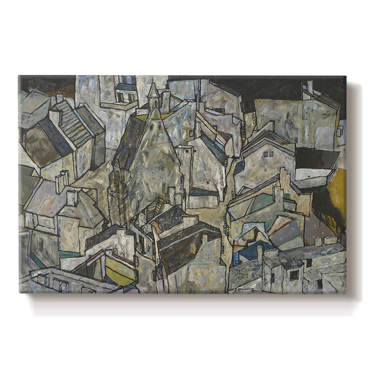 Canvas art print portraying clustered geometric houses forming dense urban landscape with sharp angles, set against a white background