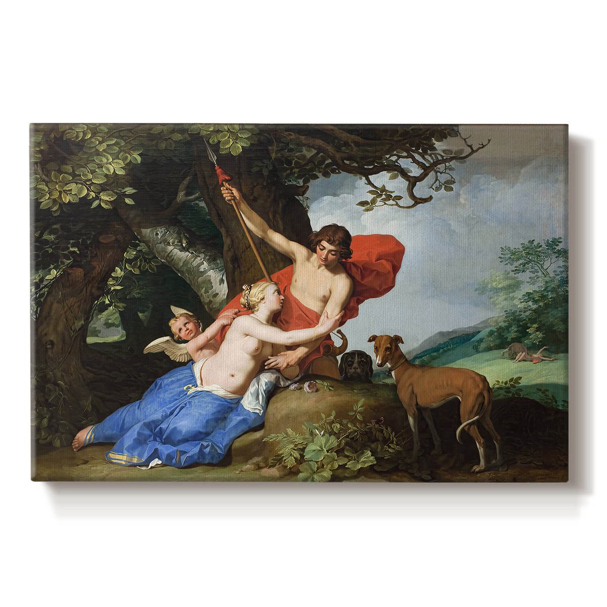 Canvas art print portraying Venus embracing Adonis in a mythological forest scene with Cupid nearby, set against a white background