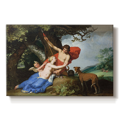 Canvas art print portraying Venus embracing Adonis in a mythological forest scene with Cupid nearby, set against a white background