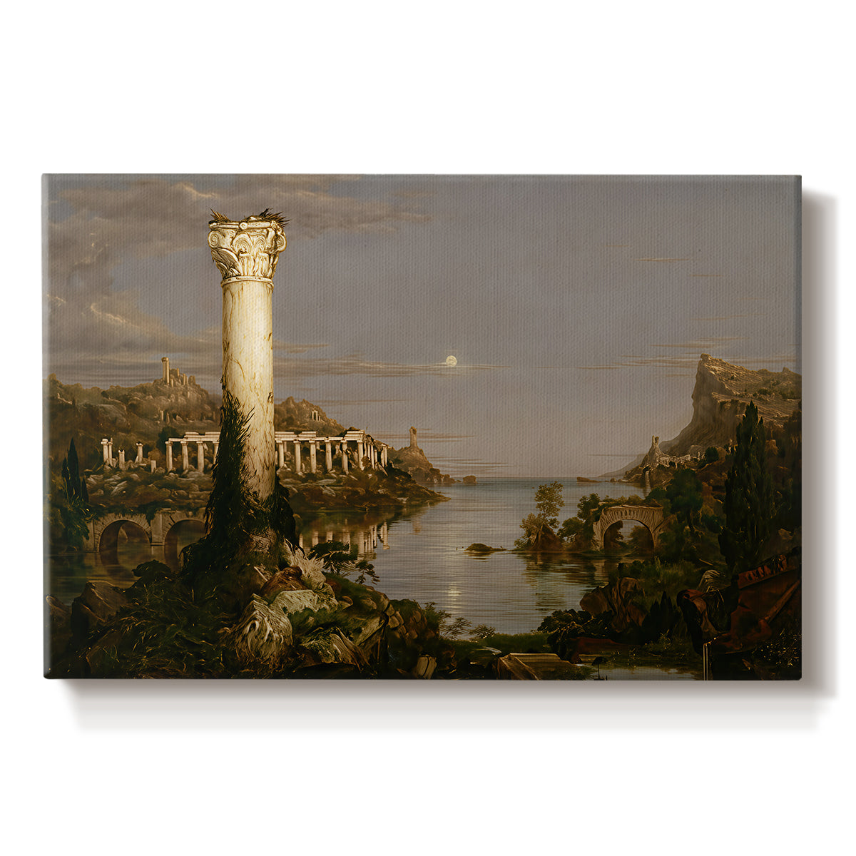 Canvas art print portraying a ruined city overgrown with vegetation under quiet, empty sky, set against a white background