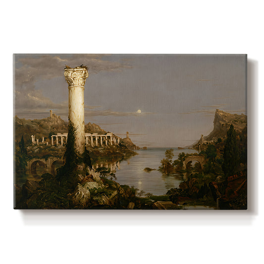 Canvas art print portraying a ruined city overgrown with vegetation under quiet, empty sky, set against a white background
