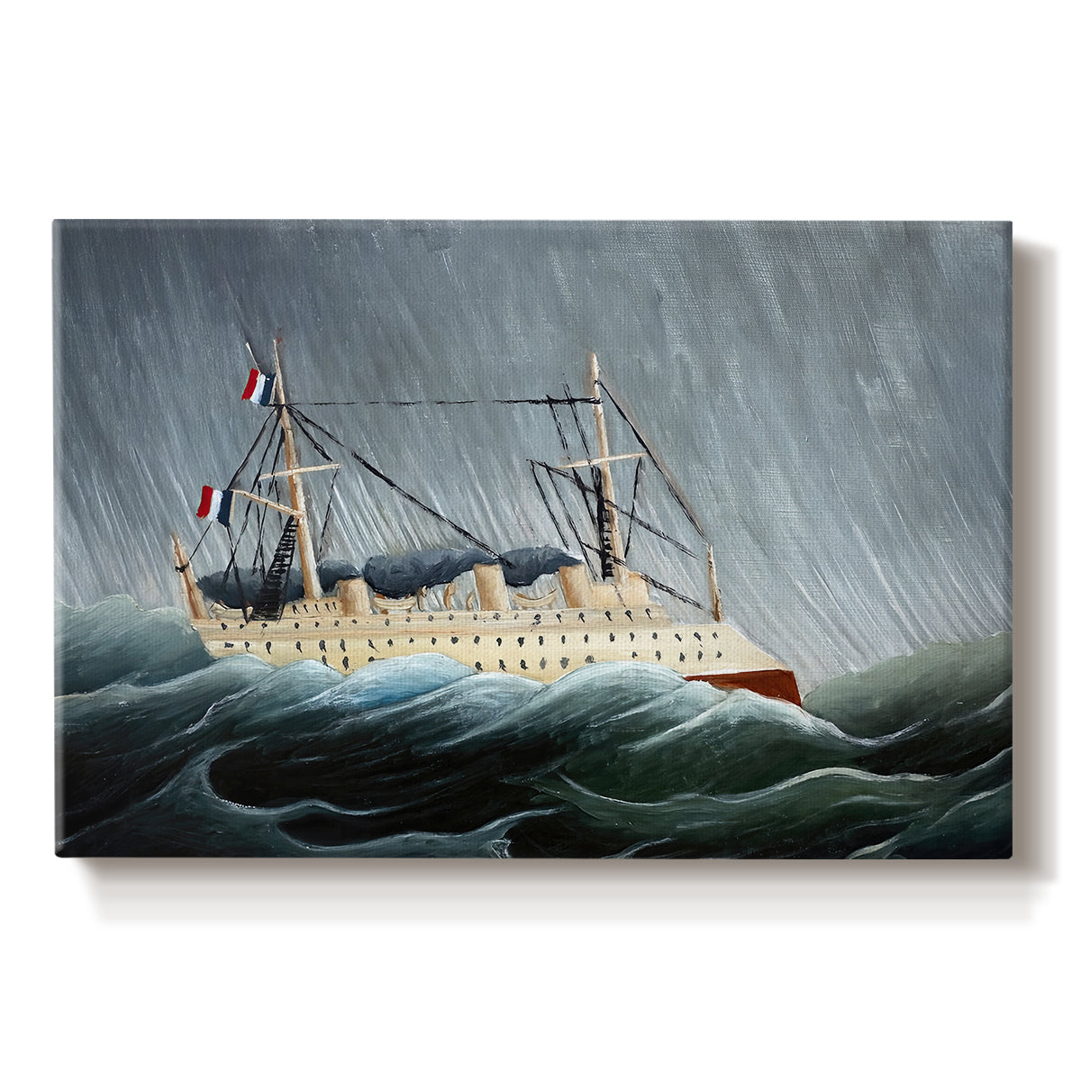 Canvas art print portraying a sailing ship tossed by large waves under dark stormy sky, set against a white background