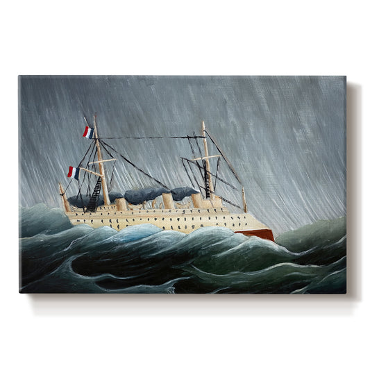 Canvas art print portraying a sailing ship tossed by large waves under dark stormy sky, set against a white background