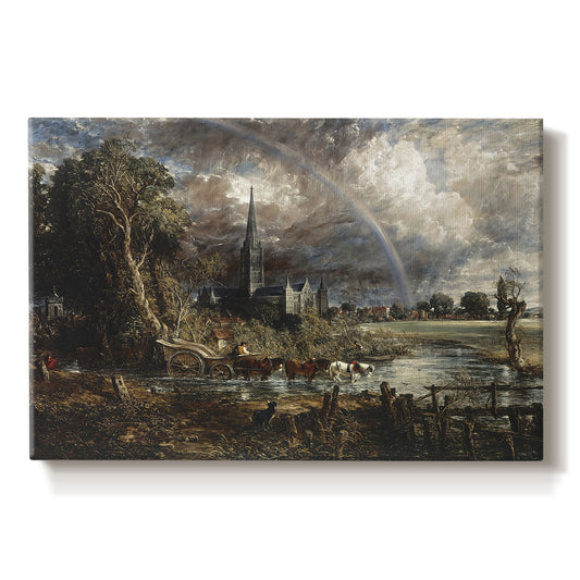 Canvas art print portraying a close view of cathedral and landscape elements, set against a white background