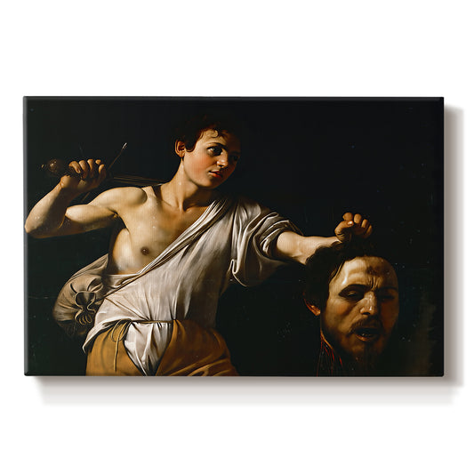 Canvas art print portraying a young David holding the severed head of Goliath against a dark background, set against a white background