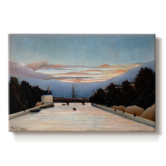 Canvas art print portraying the Eiffel Tower rising above landscape with trees and open sky, set against a white background