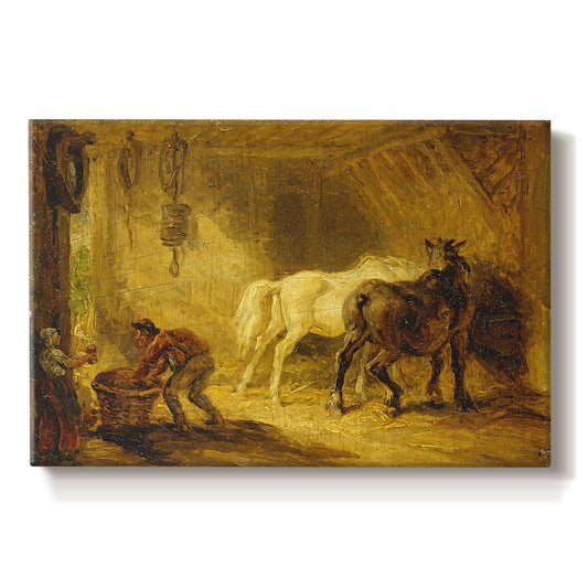 Canvas art print portraying an ewe with lambs resting together in open countryside, set against a white background