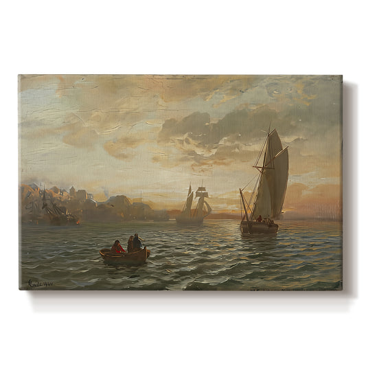 Canvas art print portraying a coastal landscape with boats scattered across fjord and distant landforms, set against a white background