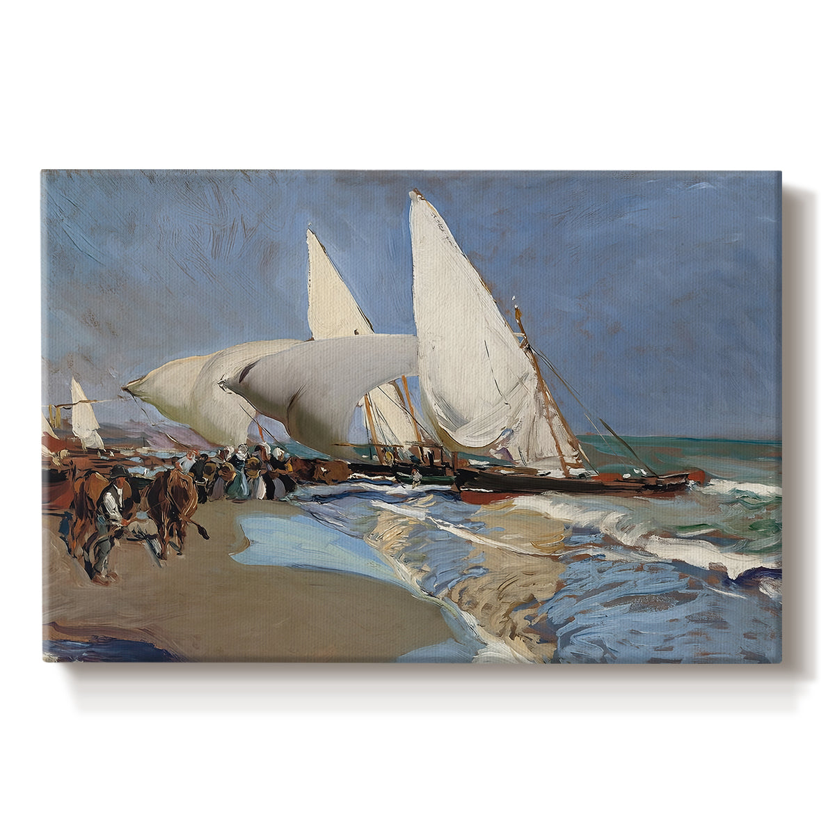 Canvas art print portraying boats and figures gathered along busy beach with sails and water, set against a white background