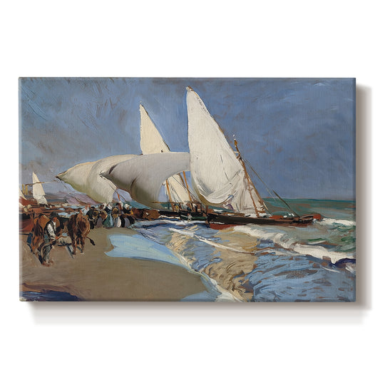 Canvas art print portraying boats and figures gathered along busy beach with sails and water, set against a white background