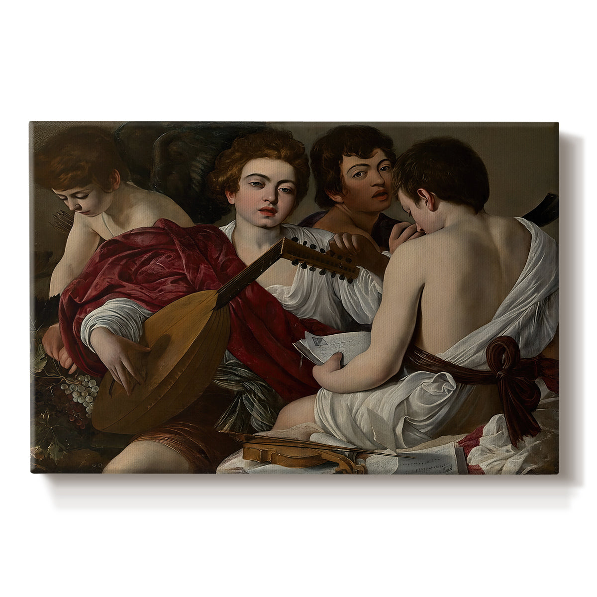 Canvas art print portraying a group of young men gathered together playing music with instruments, set against a white background