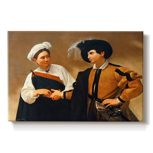 Canvas art print portraying a woman reading man's palm while discreetly removing his ring, set against a white background