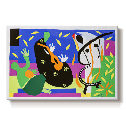 Canvas art print portraying an abstract composition with musician-like figure and shapes, set against a white background