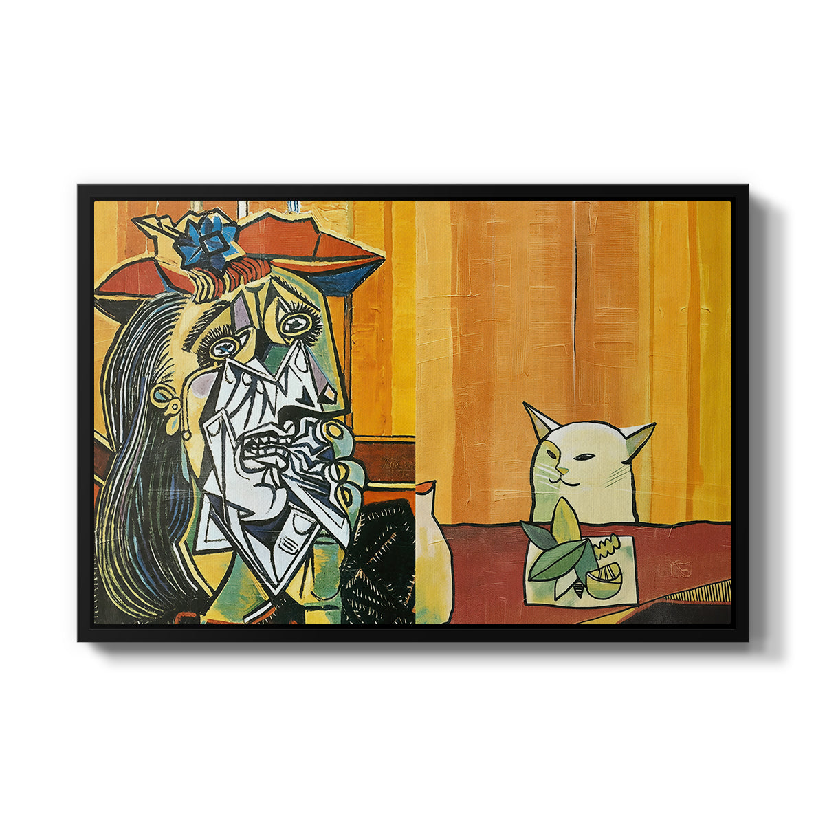 Woman Yelling at a Cat Meme (Picasso Parody) - Floater Framed Canvas Print