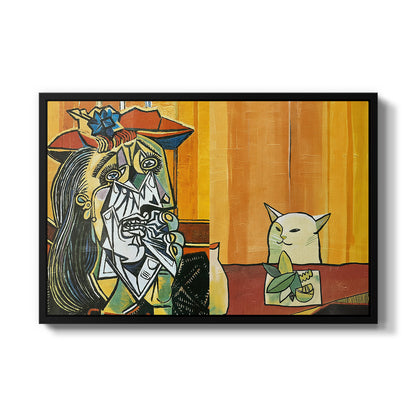 Woman Yelling at a Cat Meme (Picasso Parody) - Floater Framed Canvas Print