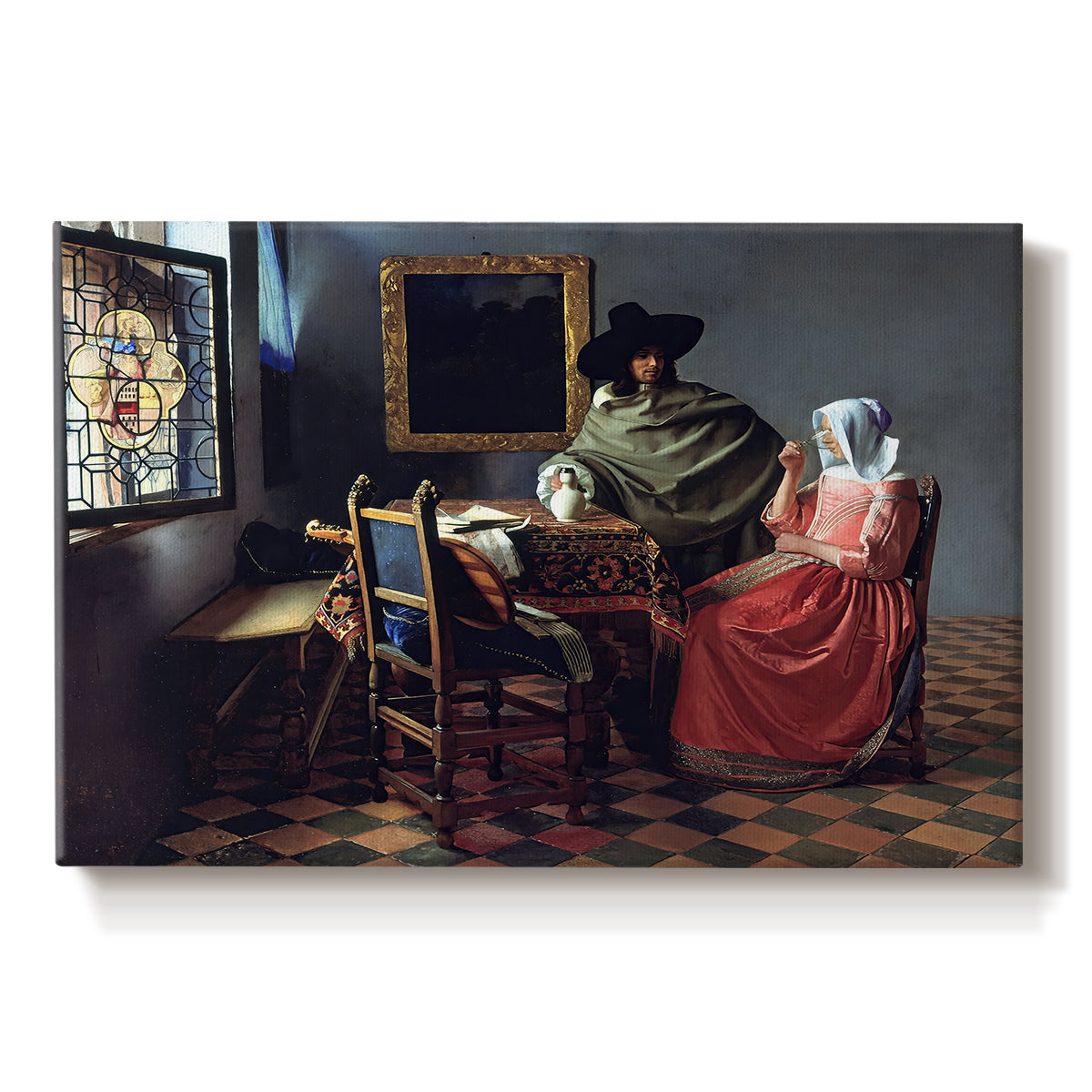 Canvas art print portraying a woman seated at table with man offering glass of wine in interior, set against a white background