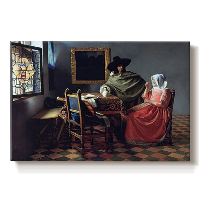 Canvas art print portraying a woman seated at table with man offering glass of wine in interior, set against a white background