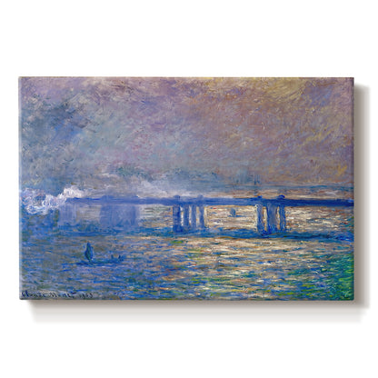 Canvas art print portraying an impressionist view of bridge stretching across river with soft light and haze, set against a white background