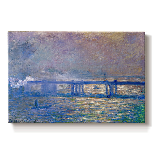 Canvas art print portraying an impressionist view of bridge stretching across river with soft light and haze, set against a white background