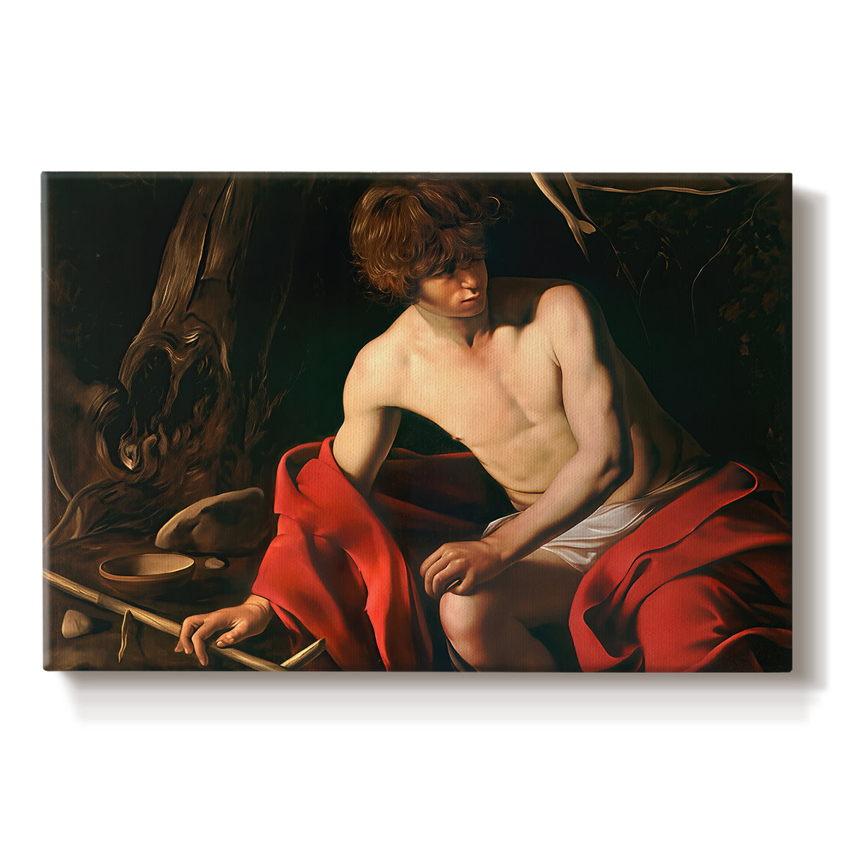 Canvas art print portraying a young Saint John seated in wilderness with staff and red drapery, set against a white background
