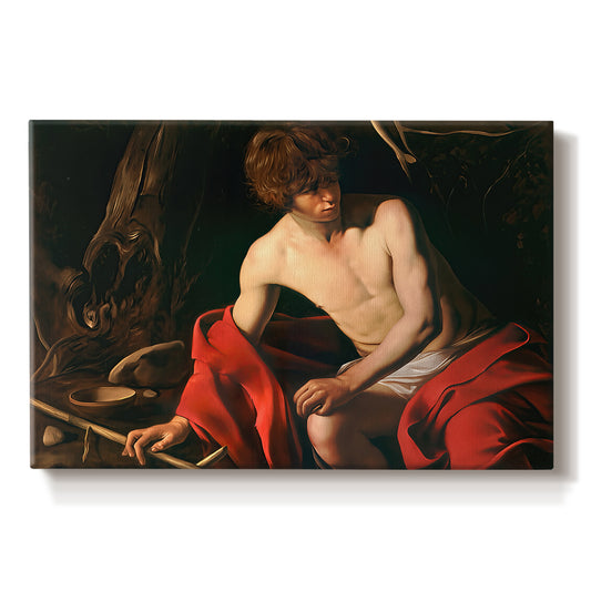 Canvas art print portraying a young Saint John seated in wilderness with staff and red drapery, set against a white background