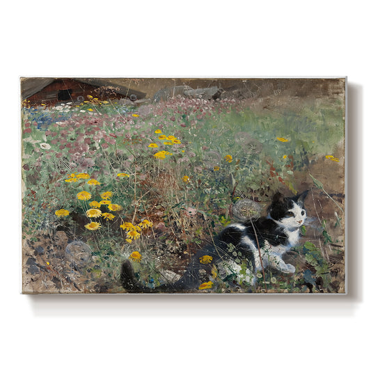Canvas art print portraying a cat crouching in a meadow filled with wildflowers and greenery, set against a white background