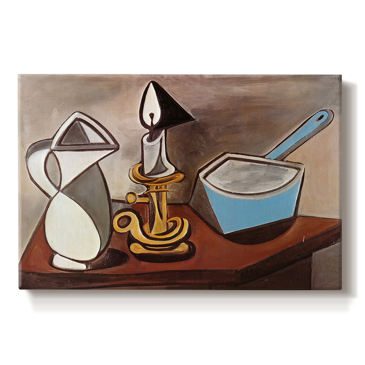Canvas art print portraying a still life with jug candle and pan in angular composition, set against a white background