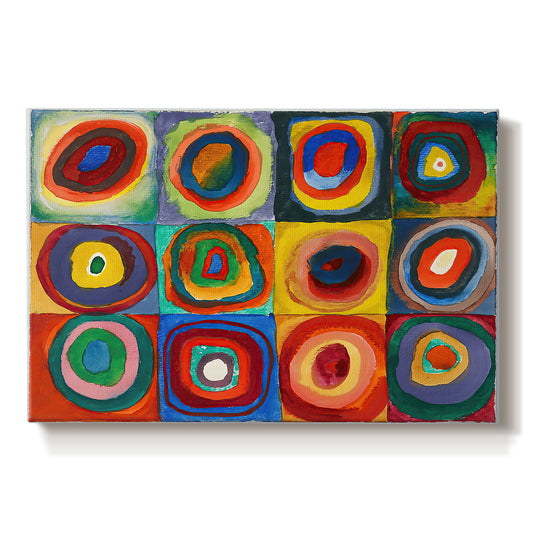 Canvas art print portraying a grid of squares each containing concentric circular color patterns, set against a white background
