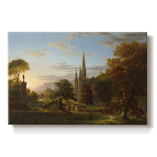 Canvas art print portraying figures approaching settlement within expansive landscape under warm light, set against a white background