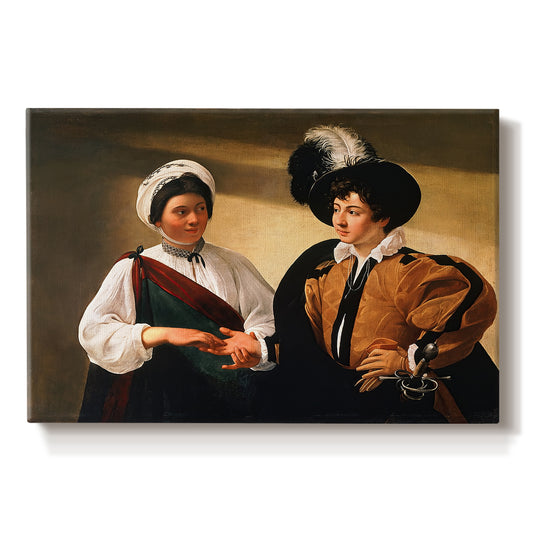 Canvas art print portraying a woman reading a young man's palm while secretly stealing his ring, set against a white background