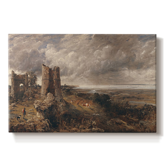 Canvas art print portraying a ruined castle overlooking river and landscape, set against a white background