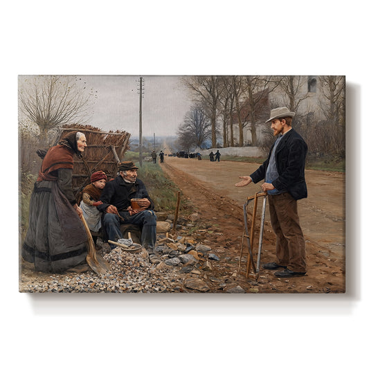Canvas art print portraying a group of people gathered along dirt road in rural setting, set against a white background