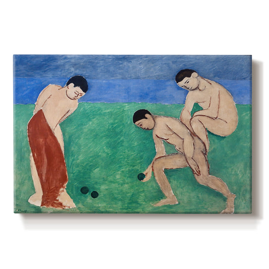 Canvas art print portraying figures playing bowls outdoors in a simplified colorful landscape, set against a white background