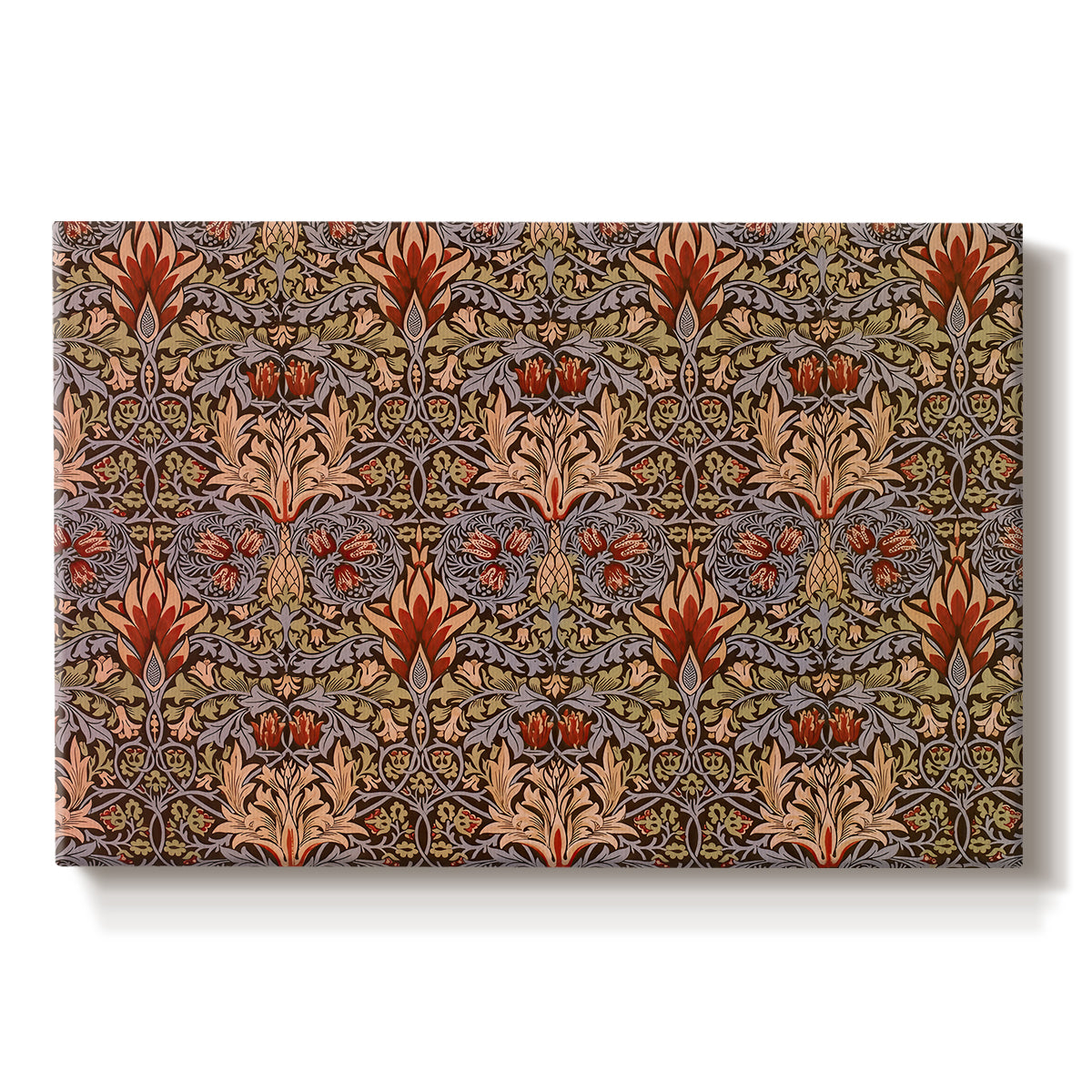 Canvas art print portraying a repeating pattern of stylized flowers with warm red tones and curved stems, set against a white background