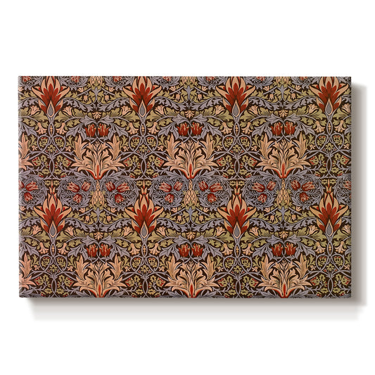 Canvas art print portraying a repeating pattern of stylized flowers with warm red tones and curved stems, set against a white background