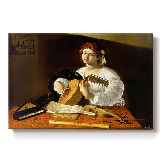 Canvas art print portraying a young man playing lute surrounded by sheet music and still life objects, set against a white background