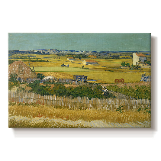 Canvas art print portraying an expansive farmland with workers harvesting crops under bright sky, set against a white background