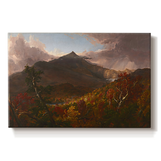 Canvas art print portraying a mountain landscape clearing after storm with sunlight breaking through clouds, set against a white background
