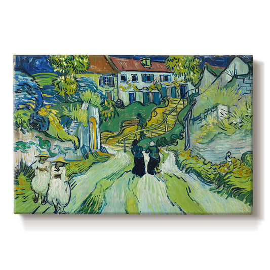 Canvas art print portraying a steep stairway between buildings leading upward through village setting, set against a white background