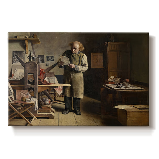 Canvas art print portraying a man working at printing table inside detailed workshop interior, set against a white background