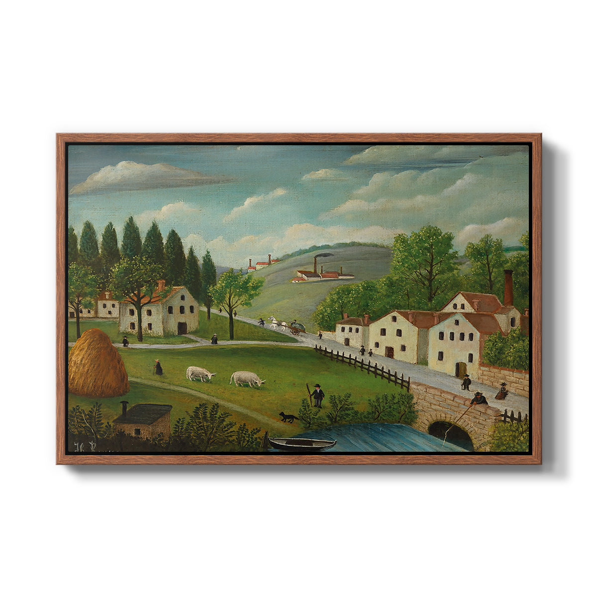 Pastoral Landscape with Stream, Fisherman and Strollers, 1875-1880 - Floater Framed Canvas Print