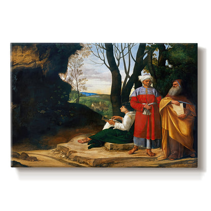 Canvas art print portraying three men standing outdoors in landscape engaged in thoughtful discussion, set against a white background