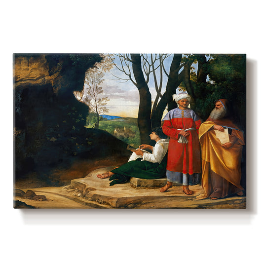 Canvas art print portraying three men standing outdoors in landscape engaged in thoughtful discussion, set against a white background