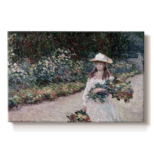 Canvas art print portraying a young girl seated in lush garden surrounded by blooming flowers, set against a white background