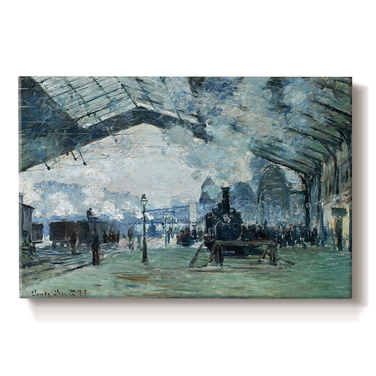 Canvas art print portraying trains arriving under large arched station roof with billowing steam, set against a white background