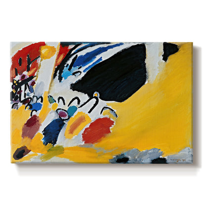 Canvas art print portraying an abstract composition dominated by dark forms and bright yellow field suggesting musical performance, set against a white background