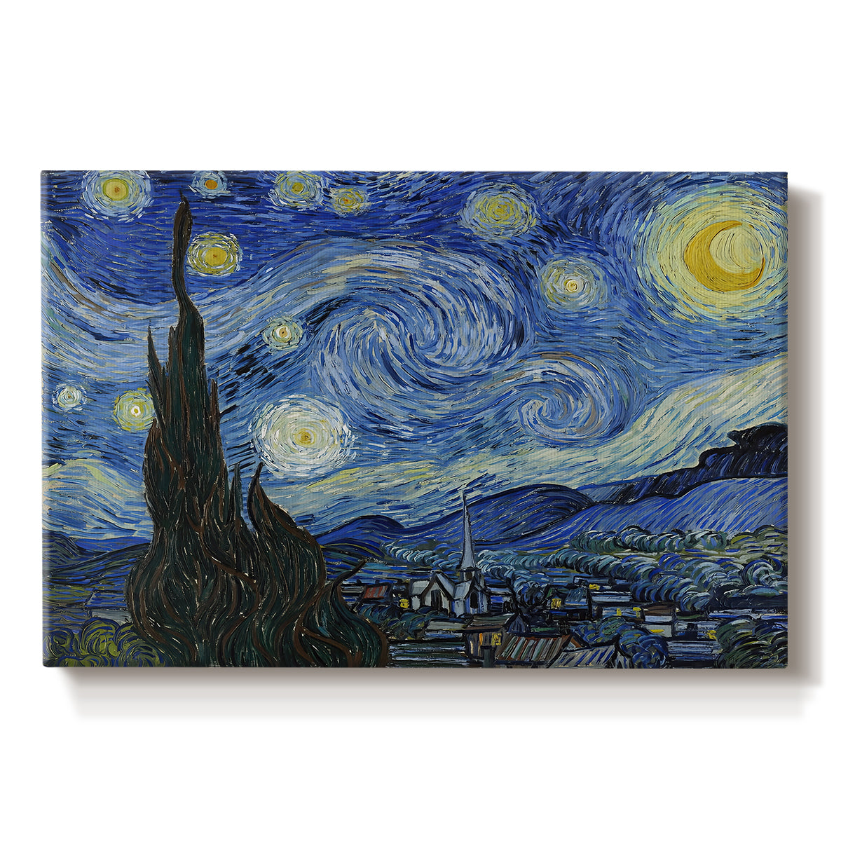 Canvas art print portraying a swirling night sky over village with bright stars, moon, and tall cypress, set against a white background