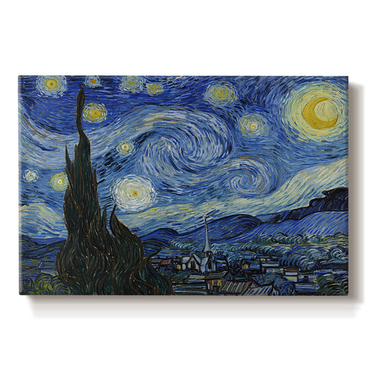 Canvas art print portraying a swirling night sky over village with bright stars, moon, and tall cypress, set against a white background
