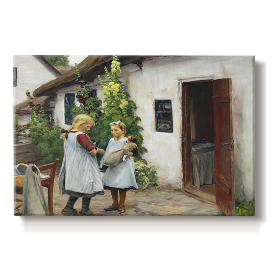 Canvas art print portraying a woman and child standing outside farmhouse searching for missing kitten, set against a white background