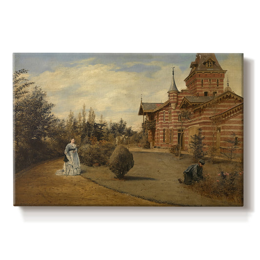 Canvas art print portraying a large house set along quiet street with figures and surrounding buildings, set against a white background